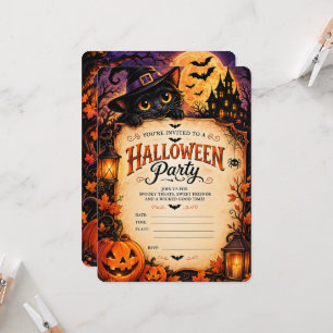Convite de Halloween de Gato Preto Assustador