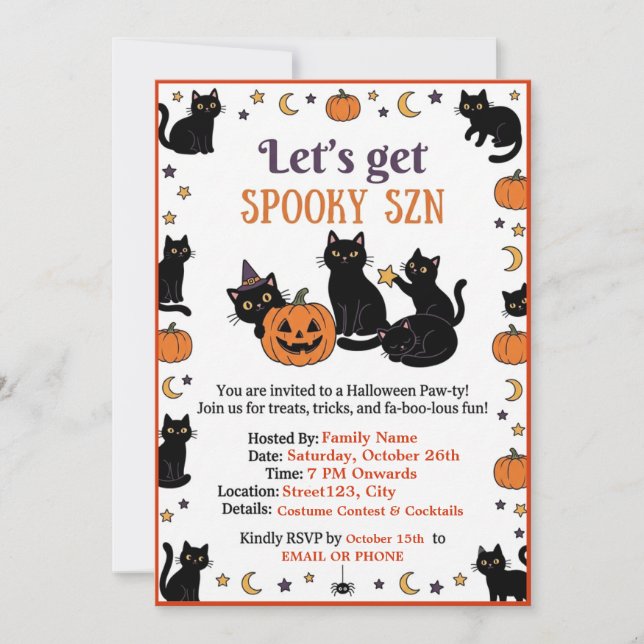 Convite de Halloween de Gato Preto Fofo SZN Assust (Frente)