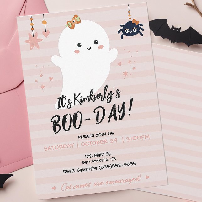Convite de Halloween do Fantasma Kawaii BOOday (Cute Pink Boo-day Halloween Birthday Party Invitation)
