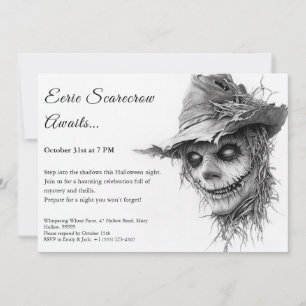 Convite de Halloween Espantalho Sinistro Preto e B