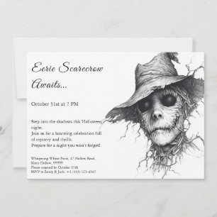 Convite de Halloween Espantalho Sinistro Preto e B