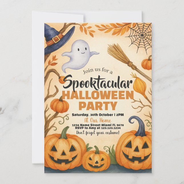 Convite de Halloween | Fantasmas e cemitério assom (Frente)