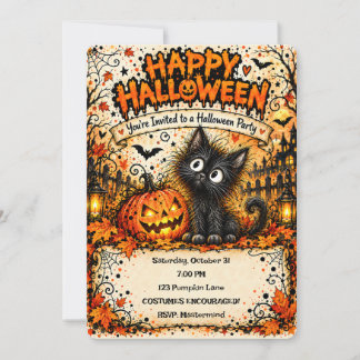 Convite de Halloween Gato Preto 👻✨