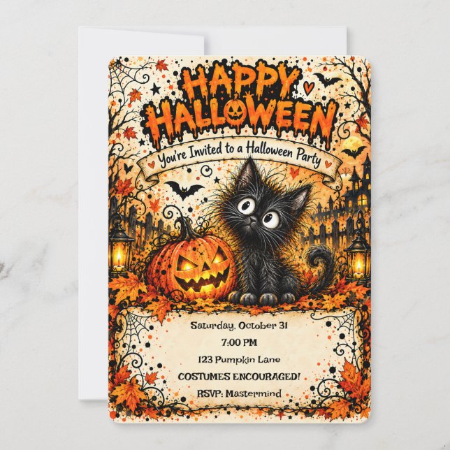 Convite de Halloween Gato Preto 👻✨ (Frente)