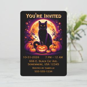 Convite de Halloween Gato Preto com Lua Cheia