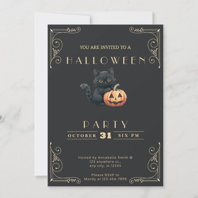 Convite de Halloween Gato Preto e Quadro Negro Dou (Frente)
