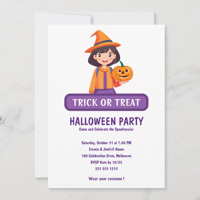 Convite de Halloween para Menina com Abóbora (Frente)