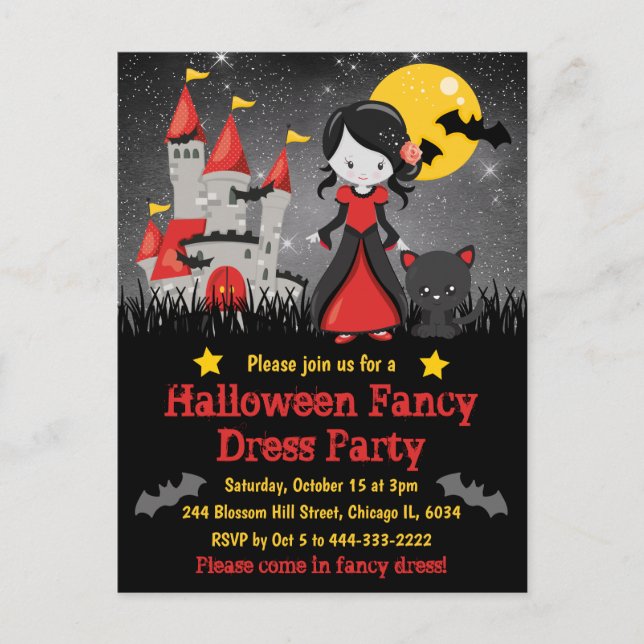 Convite de Halloween para Menina Vampira Fofa e Ca (Frente)
