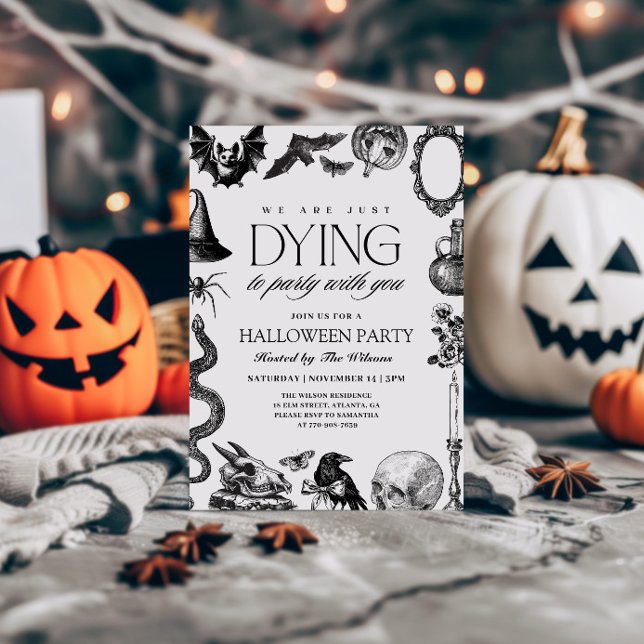 Convite de Halloween Preto e Branco Caveira Vintag (Criador carregado)