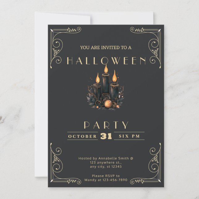 Convite de Halloween Preto e Dourado com Velas Pre (Frente)