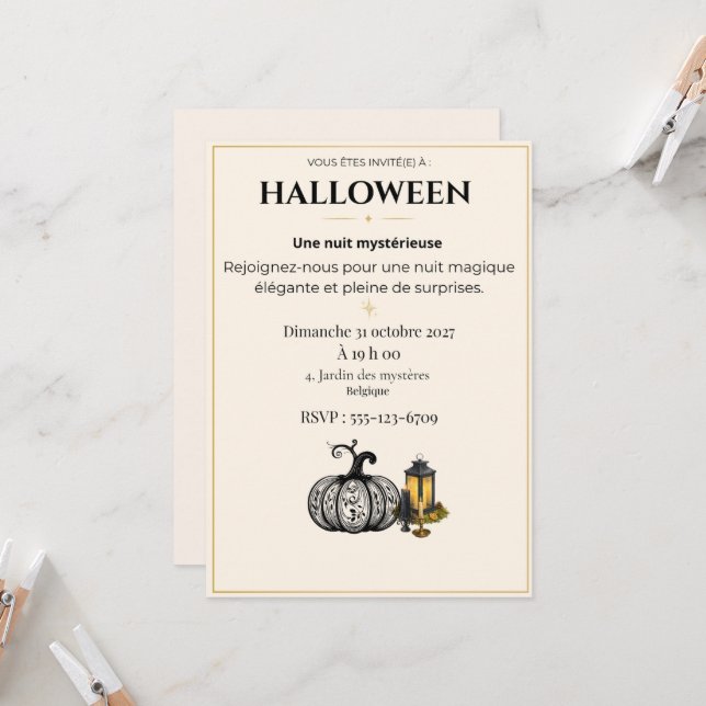 Convite de Halloween Preto e Dourado Elegante   (Frente/Verso In Situ)
