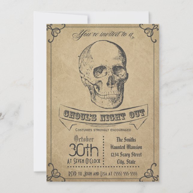 Convite de Halloween Vintage Caveira (Frente)
