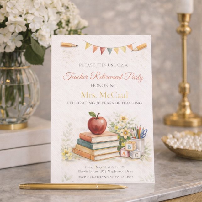 Convite de Honra ao Legado do Professor (Teacher retirement celebration with watercolor classroom details and apple book accents)