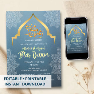 Convite de Iftar Azul e Dourado Elegante