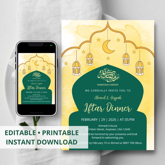 Convite de Iftar com Aquarela Amarela e Arco Verde (Criador carregado)