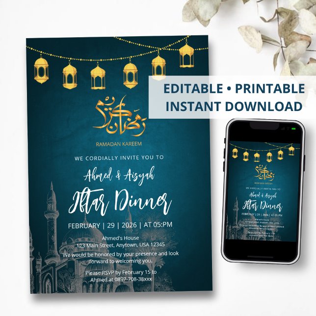 Convite de Iftar com Desenho de Mesquita à Mão e L (Criador carregado)