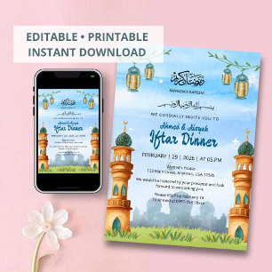 Convite de Iftar com Ilustração de Mesquita e Lant