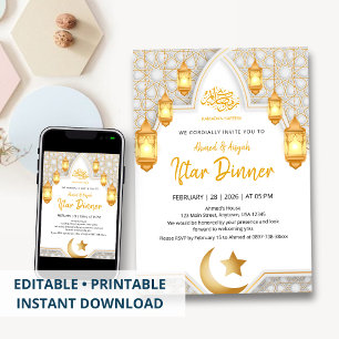 Convite de Iftar com Lanterna Dourada Elegante e A