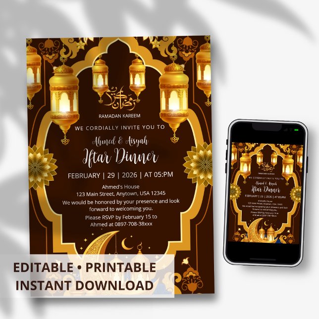 Convite de Iftar com Lanterna Dourada Elegante e L (Criador carregado)