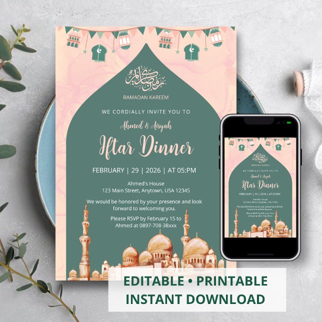 Convite de Iftar de Mesquita com Aquarela Elegante (Criador carregado)