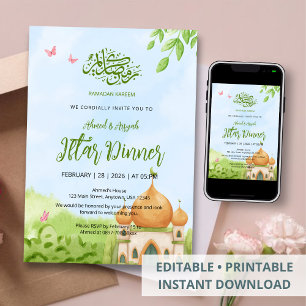 Convite de Iftar de Mesquita e Jardim em Aquarela
