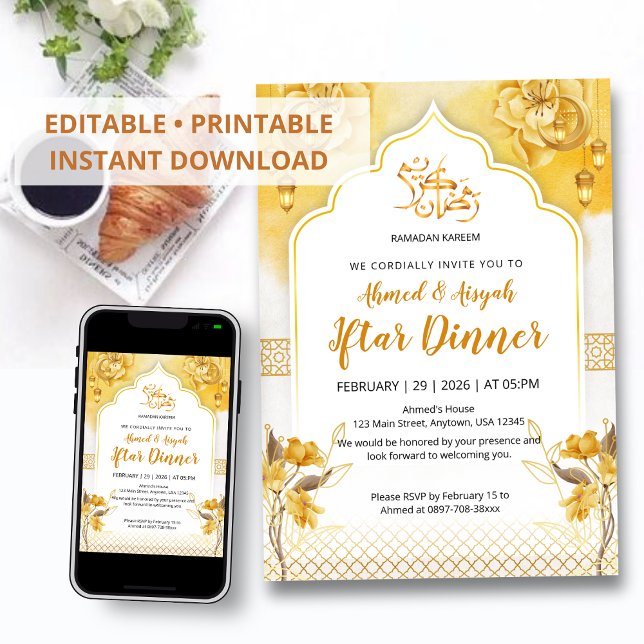 Convite de Iftar do Arco Floral Amarelo Brilhante  (Criador carregado)