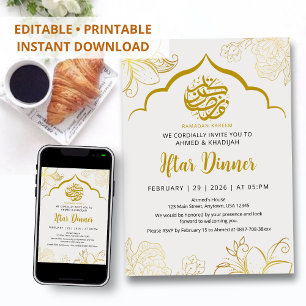 Convite de Iftar do Ramadan com Arco Floral Dourad