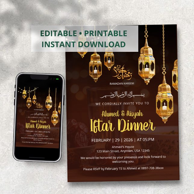 Convite de Iftar do Ramadão Marrom e Dourado (Criador carregado)
