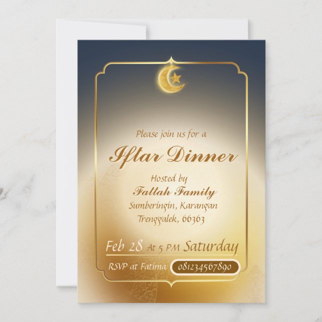 Convite de Iftar Elegante Azul Escuro e Dourado (Frente)