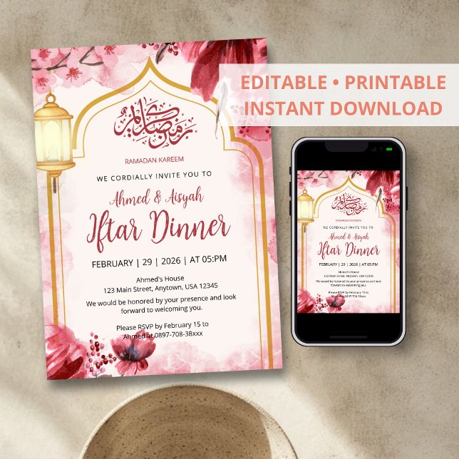 Convite de Iftar Floral em Aquarela Rosa Elegante (Criador carregado)