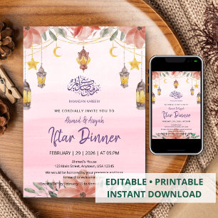 Convite de Iftar Floral Rosa Suave em Aquarela par
