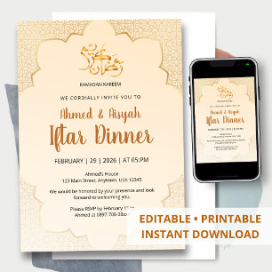 Convite de Iftar Islâmico Elegante Creme e Dourado