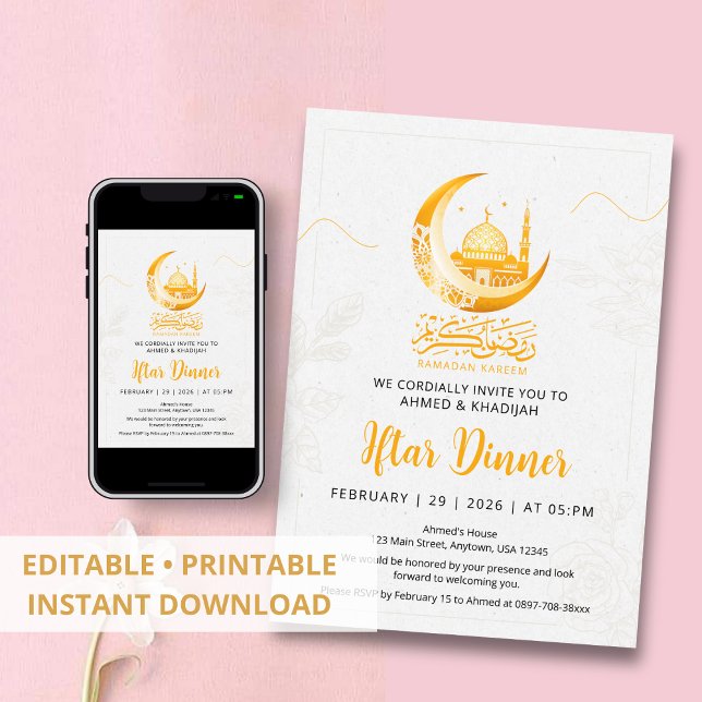 Convite de Iftar Lua Dourada Artística e Mesquita (Criador carregado)