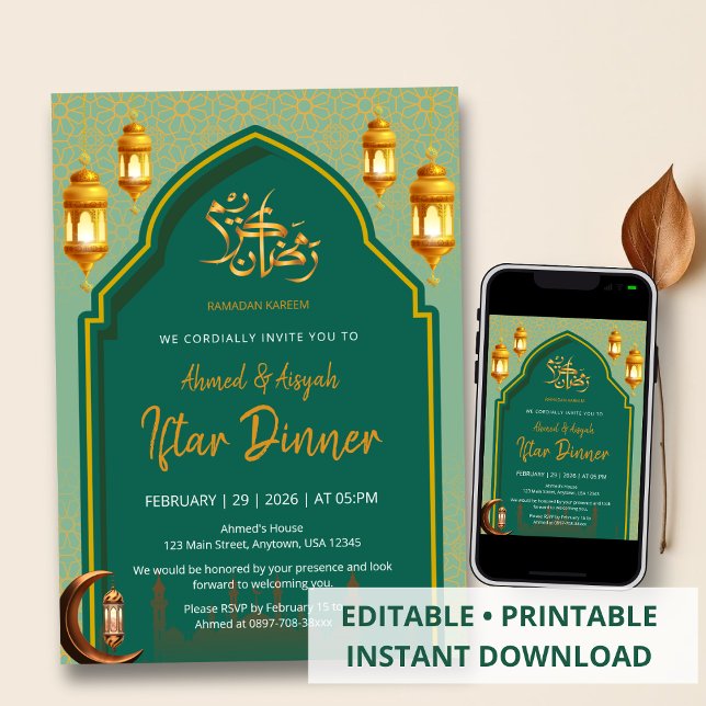 Convite de Iftar Luxuoso Verde Escuro e Dourado (Criador carregado)