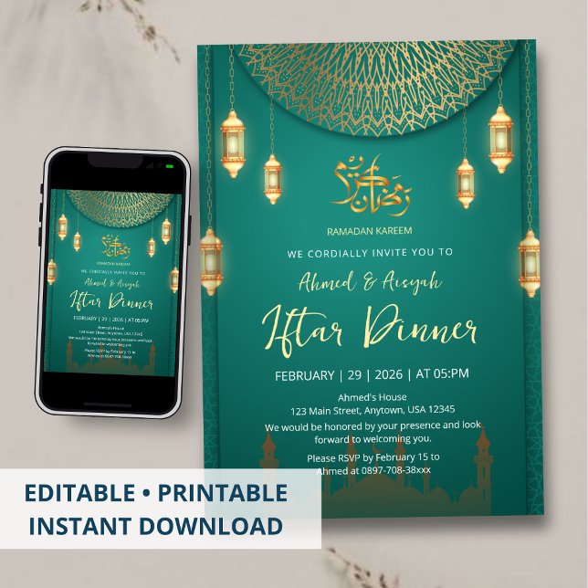 Convite de Iftar Mandala Verde Esmeralda e Dourado (Criador carregado)
