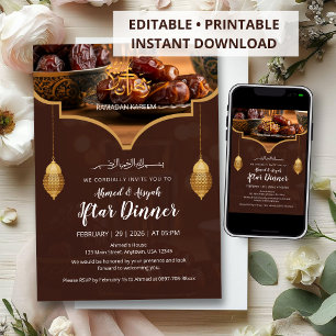 Convite de Iftar Marrom Quente com Lanterna Dourad