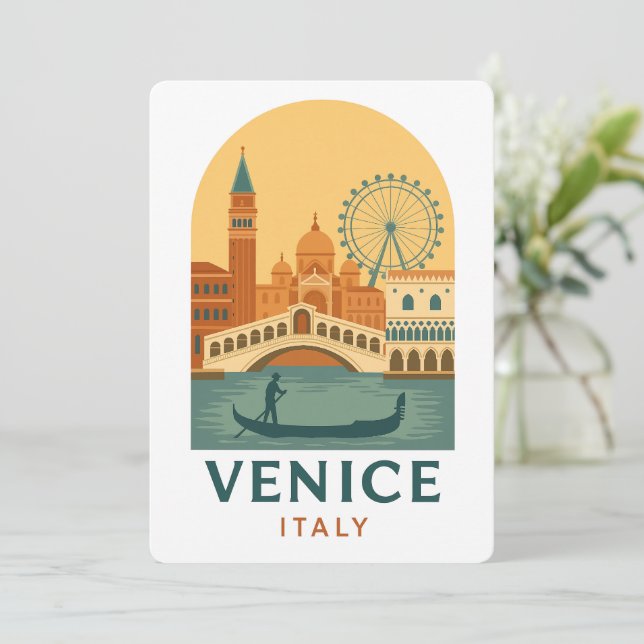Convite de Ilustração Vintage Veneza Itália (Em pé/Frente)
