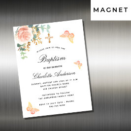 Convite de ímã de batismo rosa floral borboleta