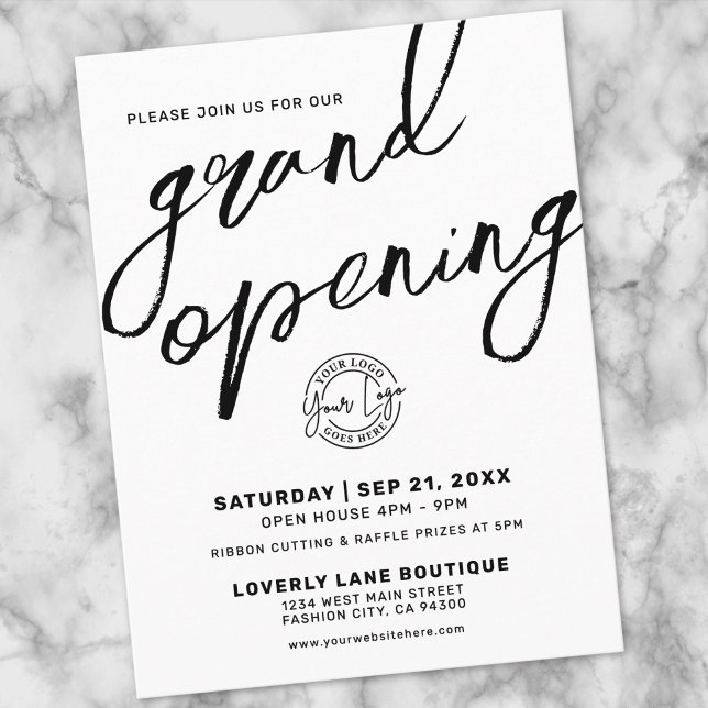Convite de Inauguração de Negócios com Logotipo Pr (Black White Logo Business Grand Opening Invitation Postcard)