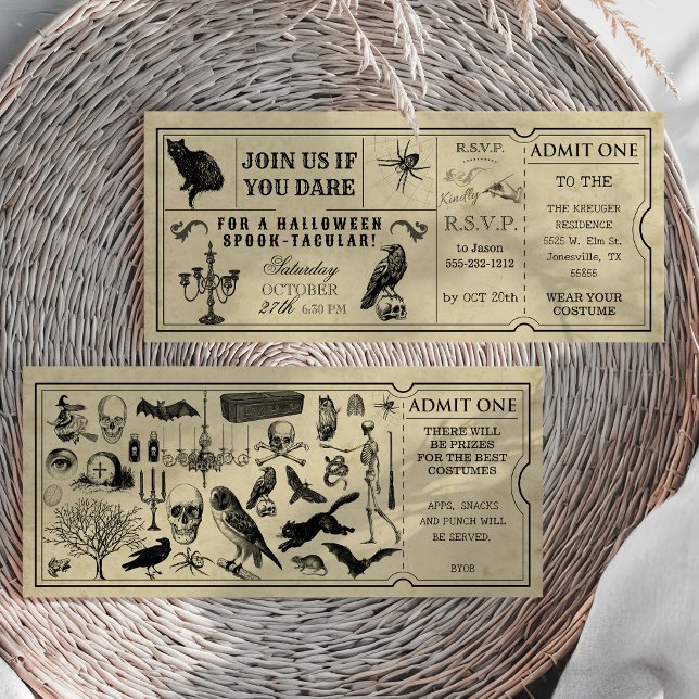 Convite de Ingresso Antigo para Festa de Halloween (Vintage Ticket Halloween Party Invitation Front and Back)