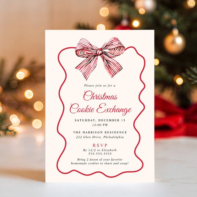 Convite de Intercâmbio de Biscoitos de Natal Elega (Elegant Coquette Bow Christmas Cookie Exchange Invitation
)