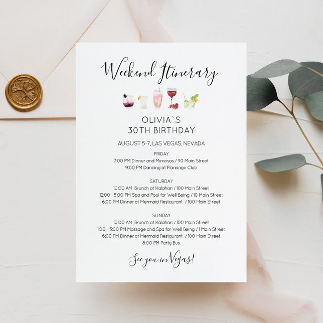 Convite de Itinerário de Aniversário de Fim de Sem (Bachelorette Weekend Itinerary Invitation Card)