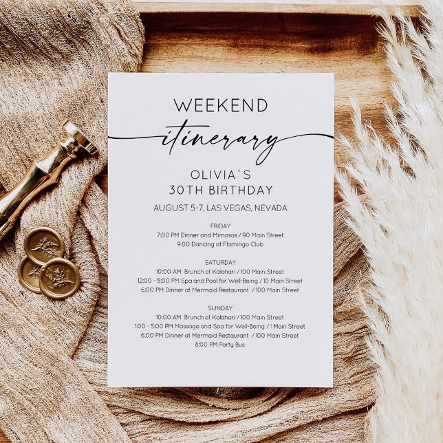 Convite de Itinerário de Aniversário de Fim de Sem (Birthday Bridal Shower Weekend Itinerary Card)