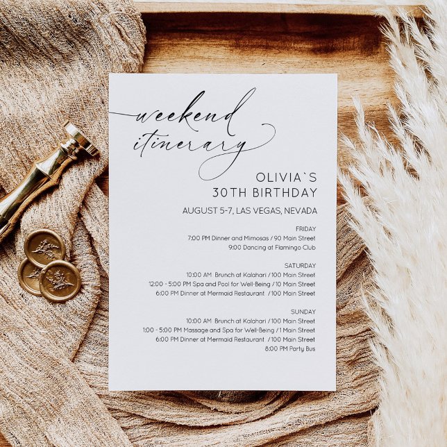 Convite de Itinerário de Aniversário de Fim de Sem (Birthday Bridal Shower Weekend Itinerary Card)
