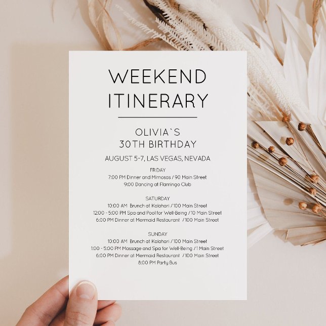 Convite de Itinerário de Aniversário de Fim de Sem (Minimalist Weekend Itinerary Card)