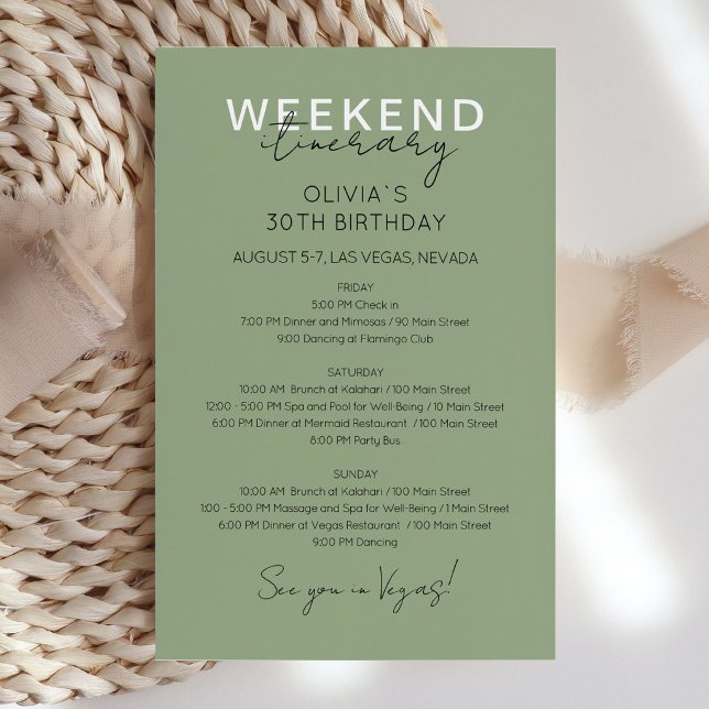Convite de Itinerário de Aniversário de Fim de Sem (Aesthetic Sage Green Birthday Itinerary Invitation Design)