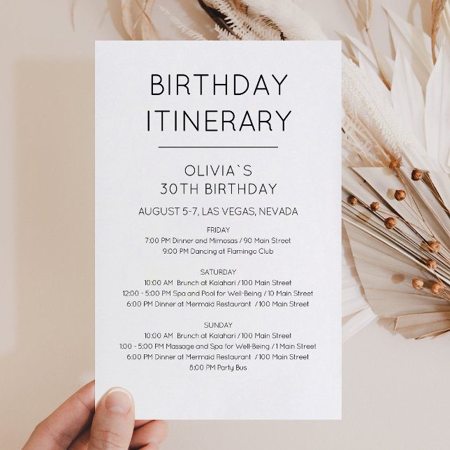 Convite de Itinerário de Aniversário de Fim de Sem (Elegant Weekend Birthday Itinerary Invitation)
