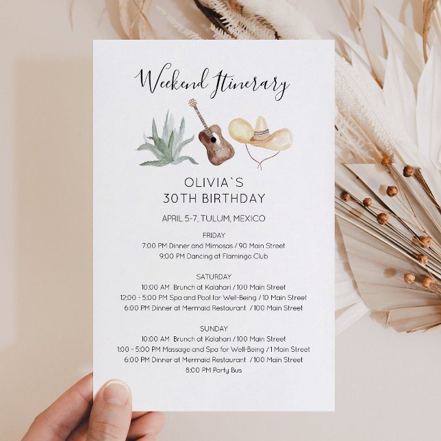 Convite de Itinerário de Aniversário de Fim de Sem (Mexico Weekend Birthday Itinerary Invitation)
