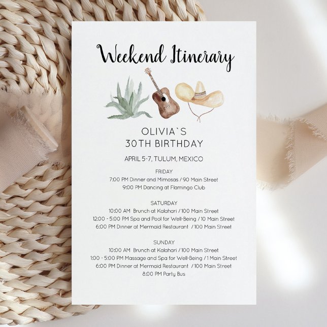 Convite de Itinerário de Aniversário de Fim de Sem (Mexico Weekend Birthday Itinerary Invitation)