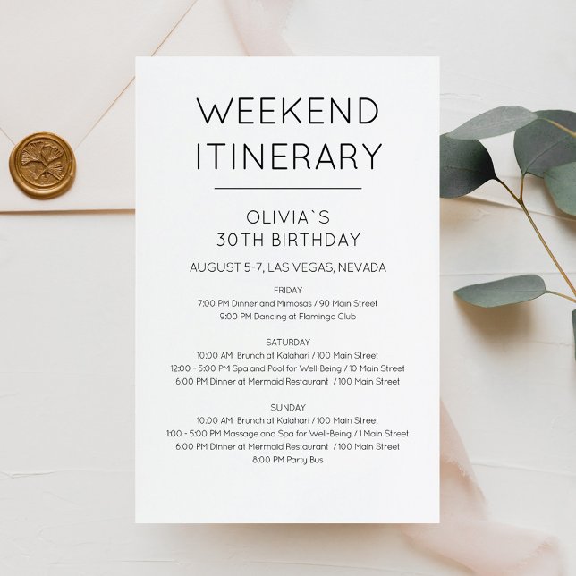 Convite de Itinerário de Aniversário de Fim de Sem (Elegant Weekend Birthday Itinerary Invitation)